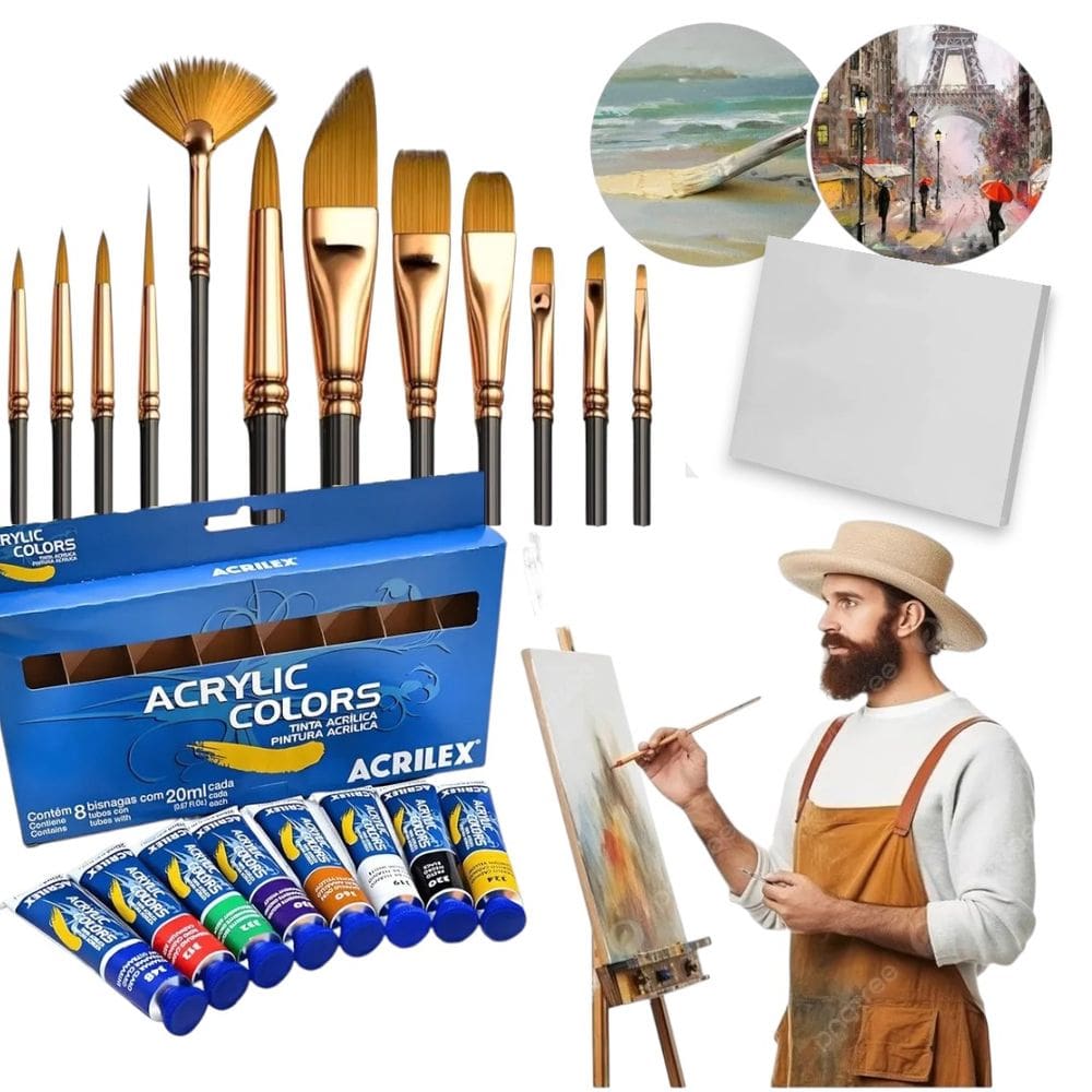 Kit Tinta Acrílica Acrilex + Tela + Pincel Pintura Artística