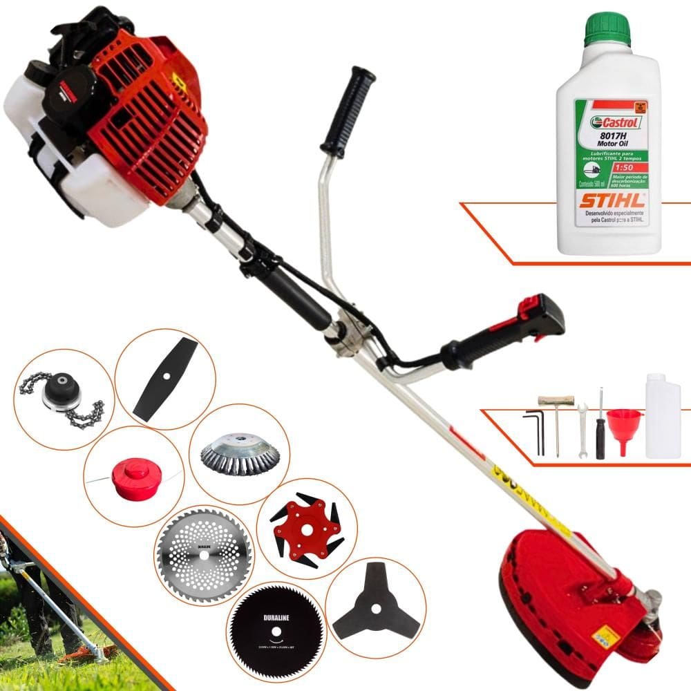 Roçadeira Kawashima KW52L 52cc 2,5HP Com Carretel + Facas 2 Pontas, 3 Pontas, 6 Pontas, 40 Dentes, 80 Dentes, Trimmer, Escova de Aço + ÓLEO STIHL 2T