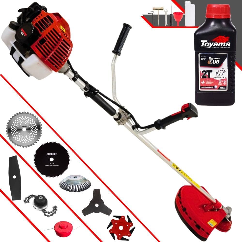 Roçadeira Kawashima KW52L 52cc Com Carretel + Facas 2 Pontas, 3 Pontas, 6 Pontas, 40 Dentes Vídea, 80 Dentes, Trimmer e Escova de Aço + ÓLEO TOYAMA