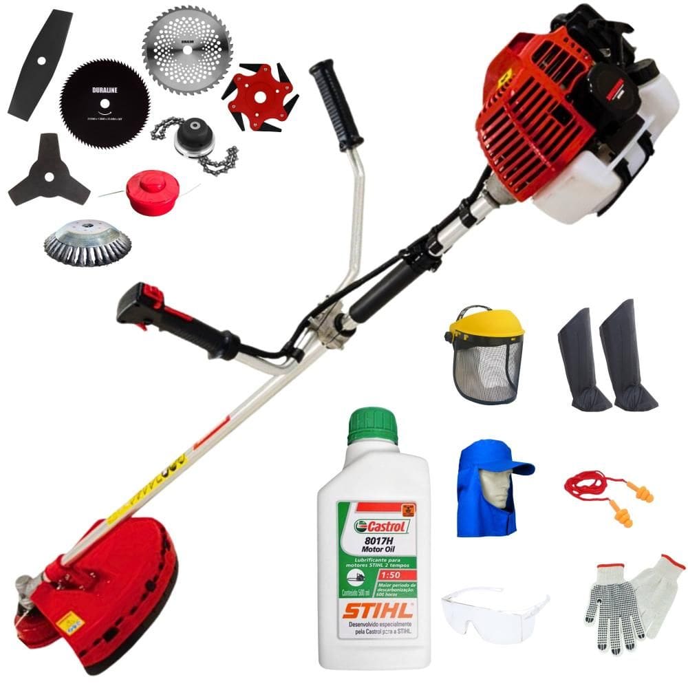 Roçadeira Kawashima KW52L 2,5HP 52cc + Facas 2 Pontas, 3 Pontas, 6 Pontas, 40 Dentes, 80 Dentes, Trimmer, Carretel e Escova + EPI + ÓLEO STIHL 2T