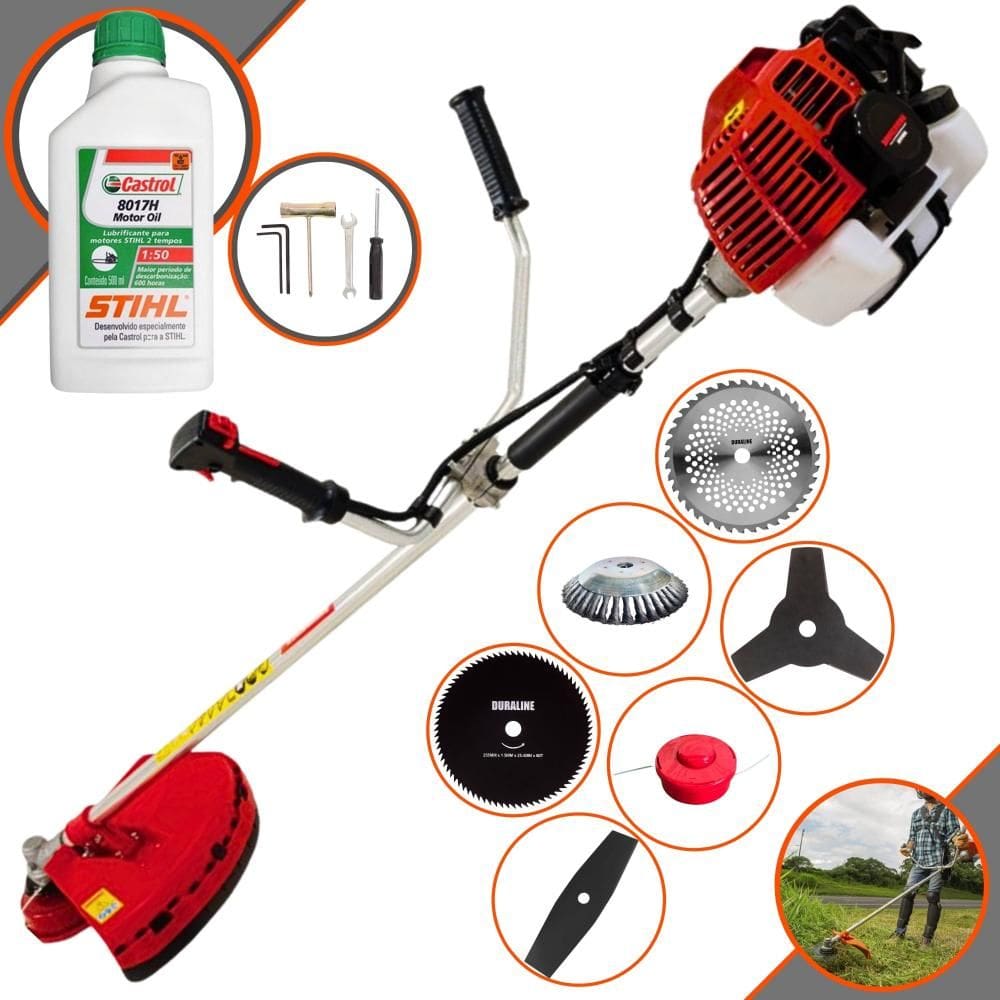 Roçadeira Podador de Grama Kawashima KW52L À Gasolina 52cc 2,5HP Com 6 Opções de Cortes, Carretel + Kit 4 Facas + Escova de Aço + ÓLEO STIHL 2T