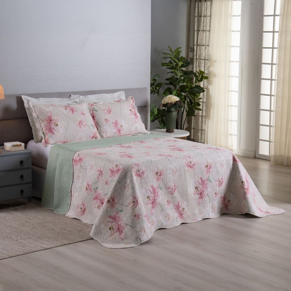 Kit Cobre Leito Colcha Queen Dupla Face Lírio 3 Peças