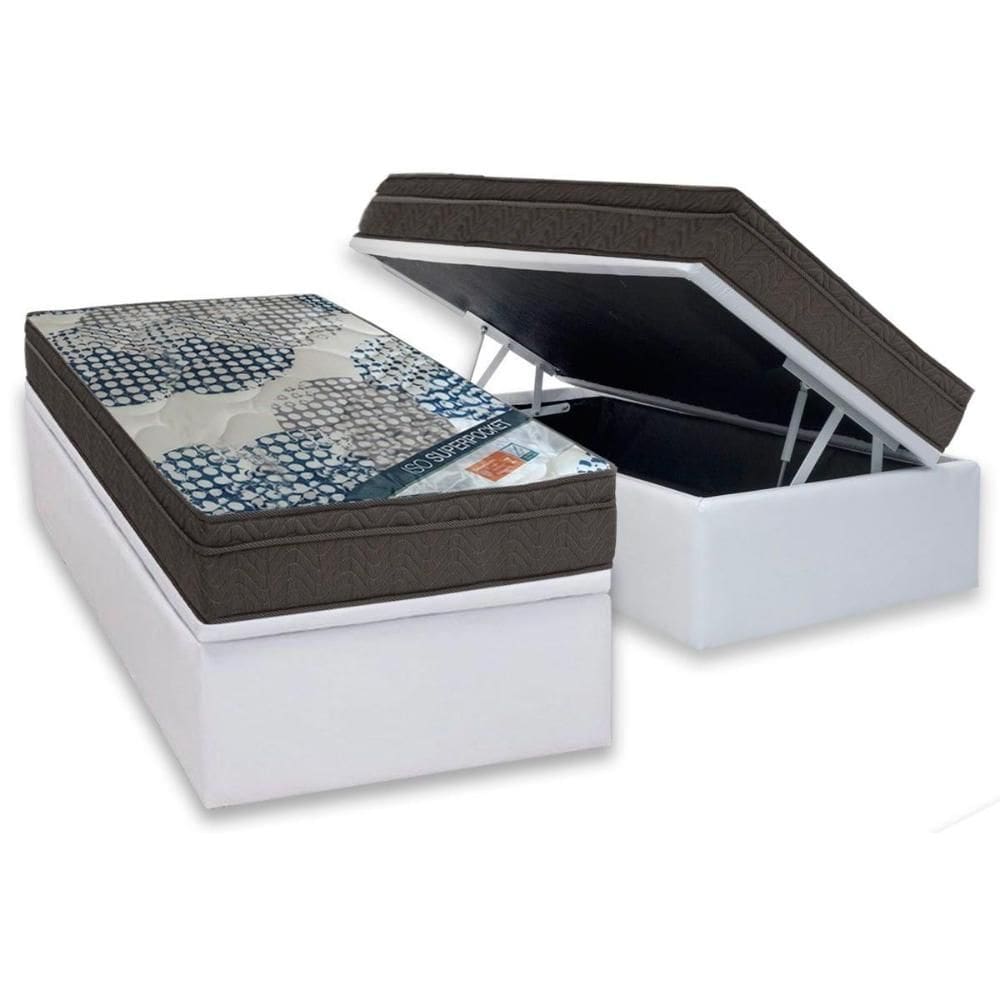 Cama Box Baú Solteiro: Colchão Molas Molas Ensacadas Ensacadas Ortobom ISO + Base CRC Courano White (88x188)