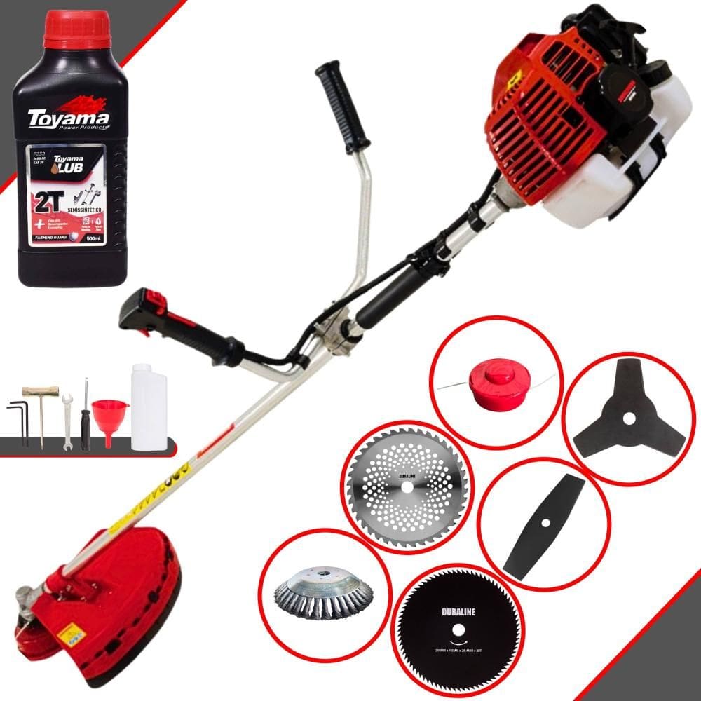 Roçadeira Kawashima KW52-L À Gasolina 52cc 2,5HP Completa Com 6 Opções de Cortes, Carretel + Kit 4 Facas + Escova de Aço Circular + ÓLEO TOYAMA 2T