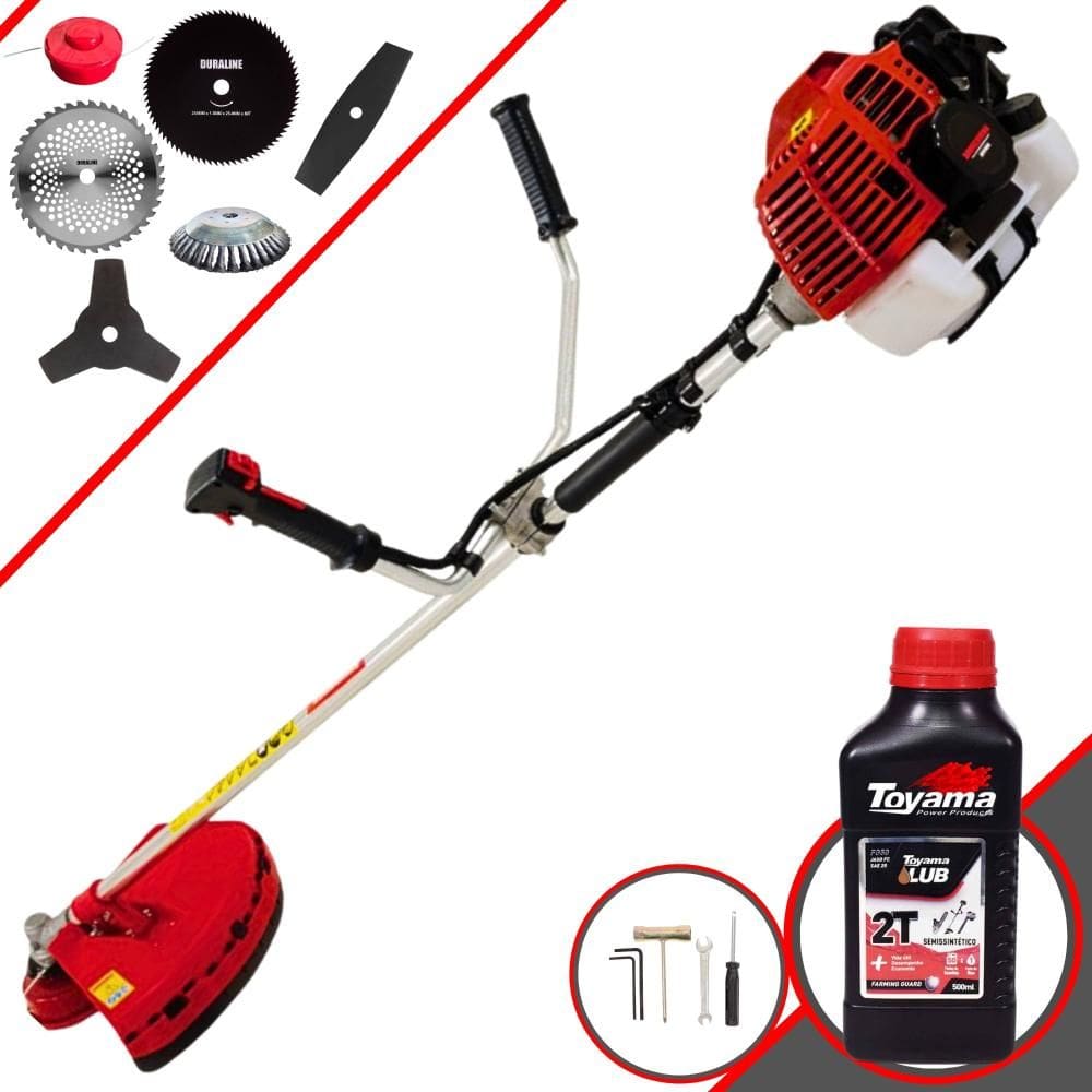 Roçadeira À Gasolina Kawashima KW52L 52cc Com Carretel, Faca 2 Pontas, Faca 3 Pontas, Faca 40 Dentes, Faca 80 Dentes + Escova de Aço + ÓLEO TOYAMA