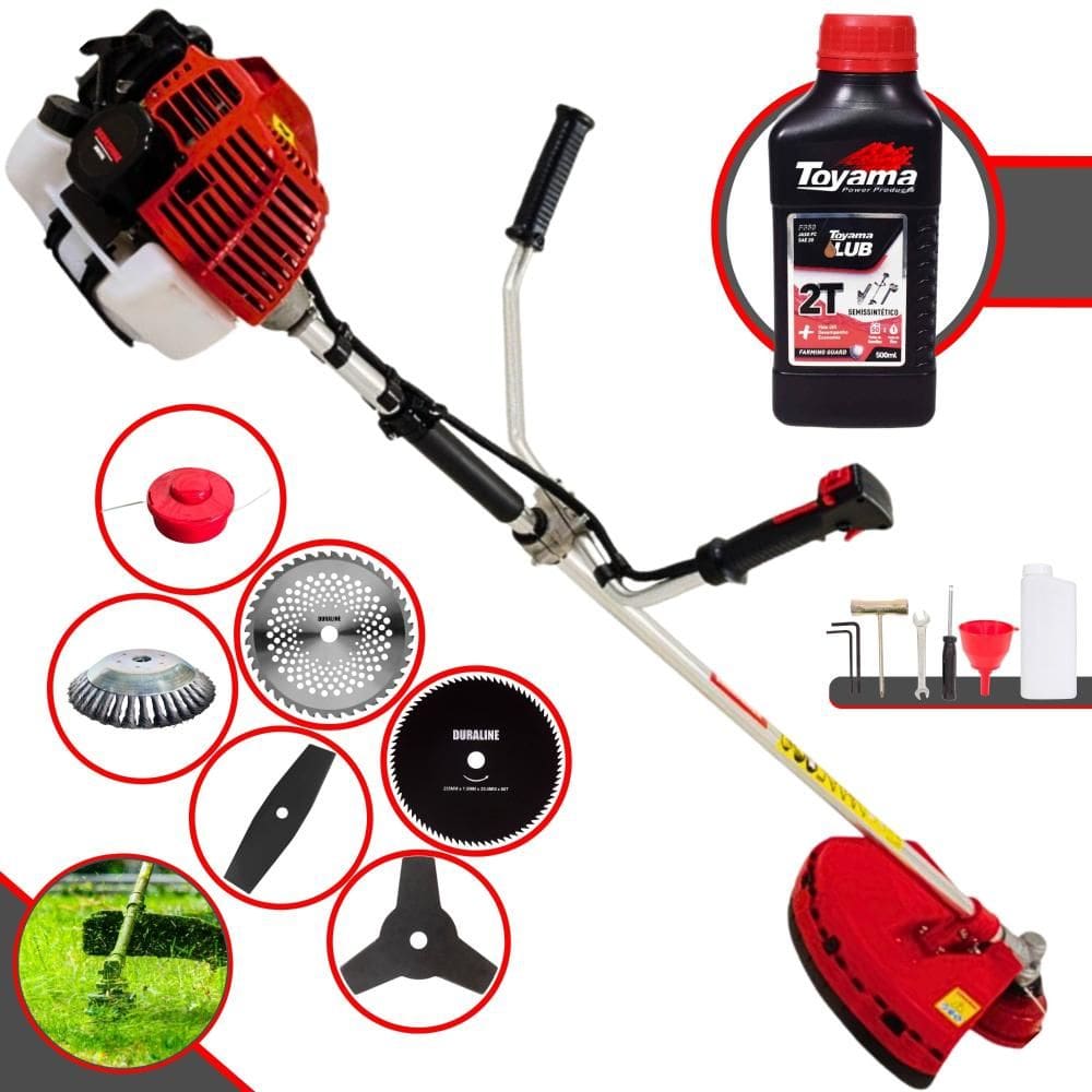 Roçadeira Cortador de Grama À Gasolina Kawashima KW52-L 52cc 2,5HP 10.000rpm Completo Com Kit 4 Lâminas + Carretel + Escova de Aço + ÓLEO TOYAMA 2T