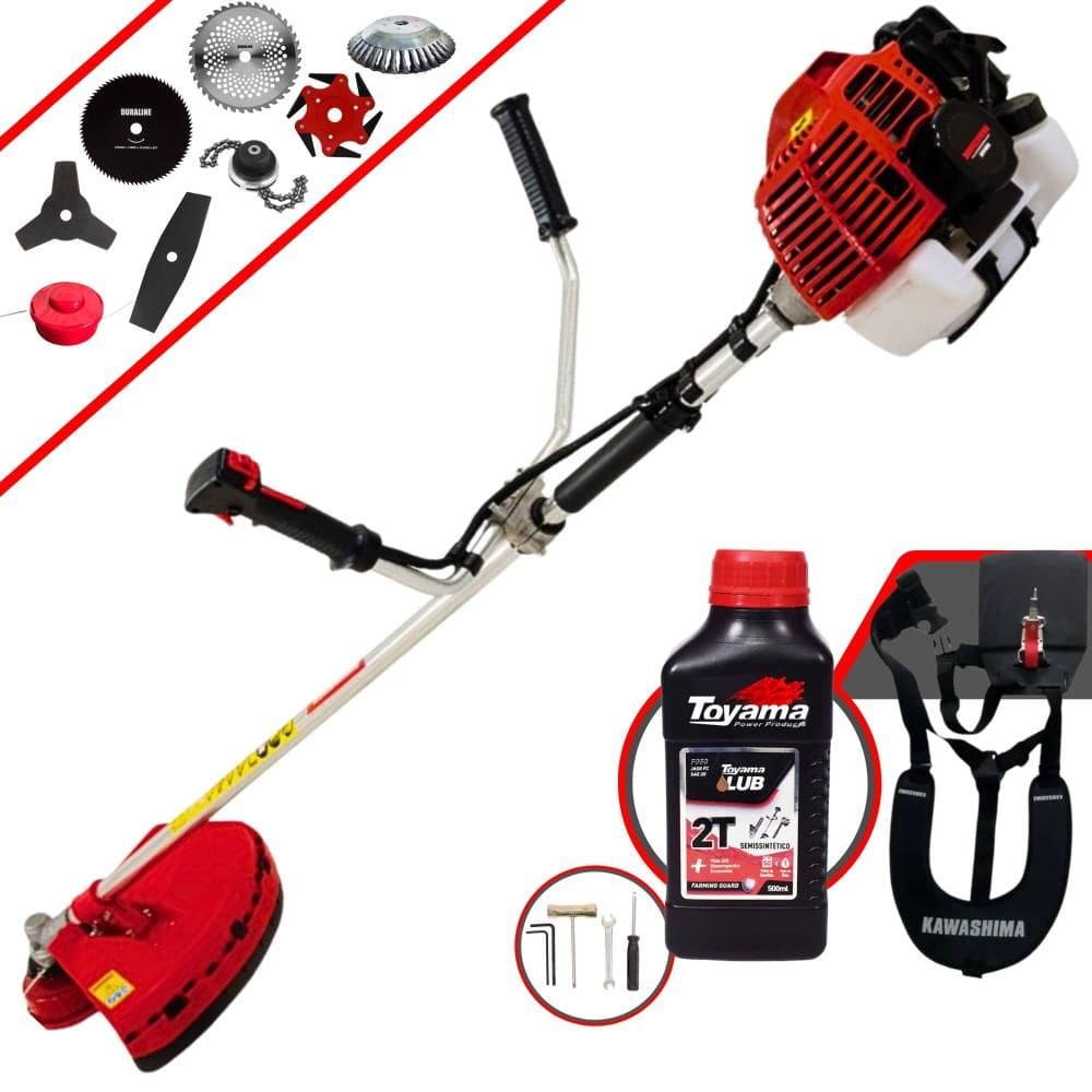 Roçadeira Multifuncional Kawashima KW52L À Gasolina 2T 52cc 2,5HP de Potência Alta Rotação Com Carretel de Nylon + Kit 7 Lâminas Extras + ÓLEO TOYAMA