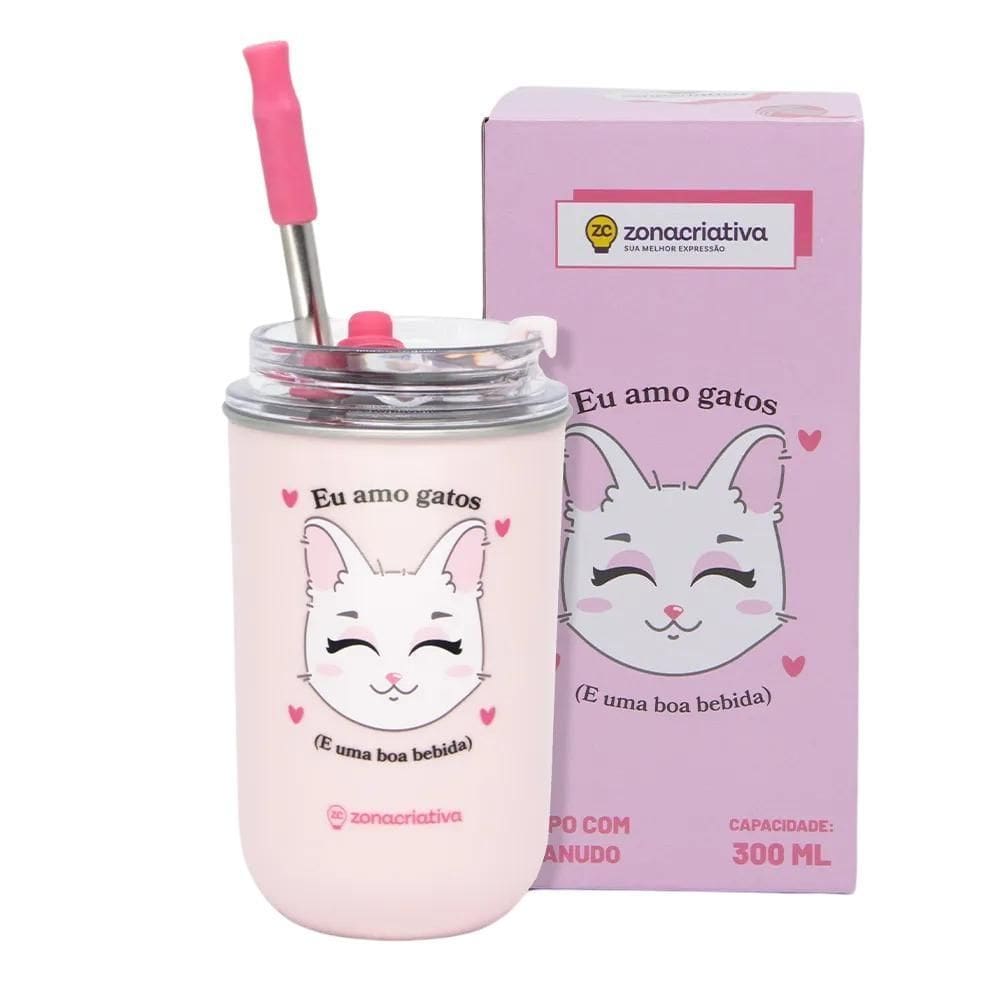 Copo Inox Canudo E Tampa 300Ml Eu Amo Gatos - Zona Criativa