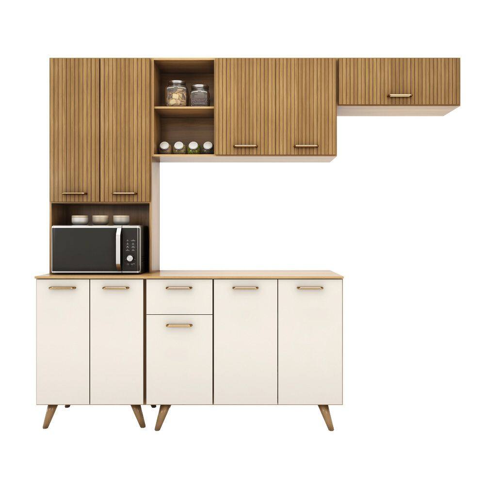 Cozinha Compacta + Balcão Com Tampo (04 Peças) Olinda Freijo Uv Ripado Off Acetinado - SSX Multicoisas