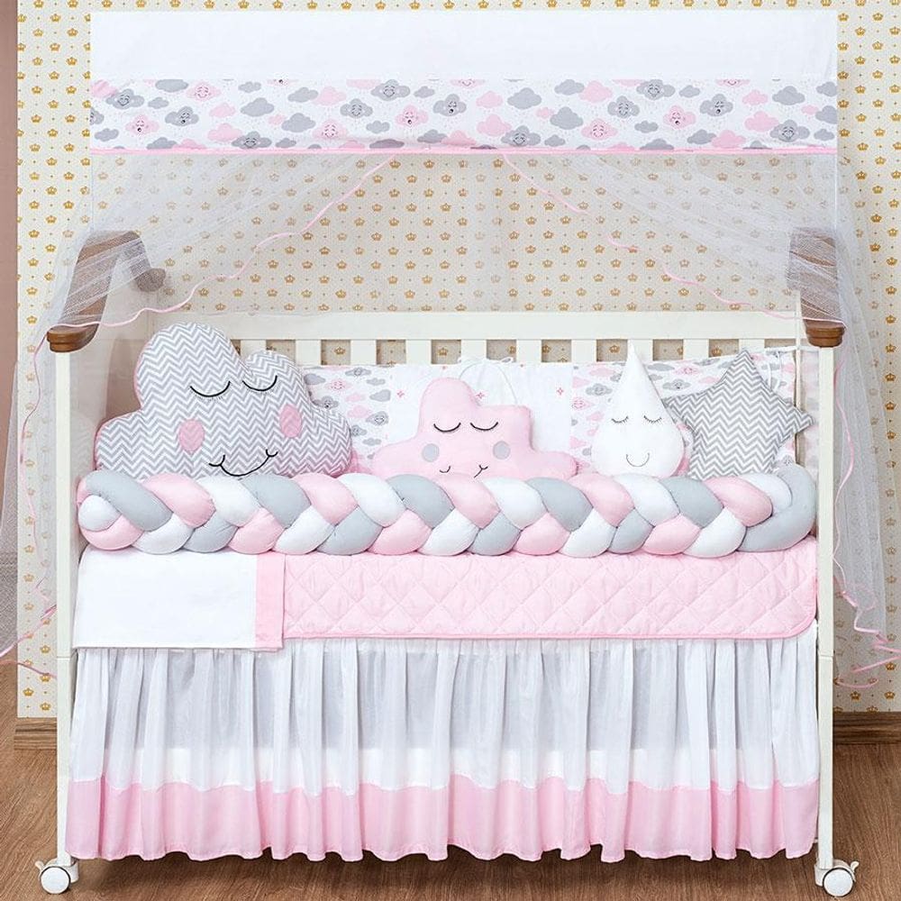 Kit Protetor Berço Trança Nuvem Rosa 12 Peças