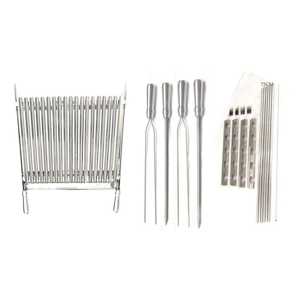 Kit Churrasqueira 100% Inox Com Grelha Argentina E 4 Espetos