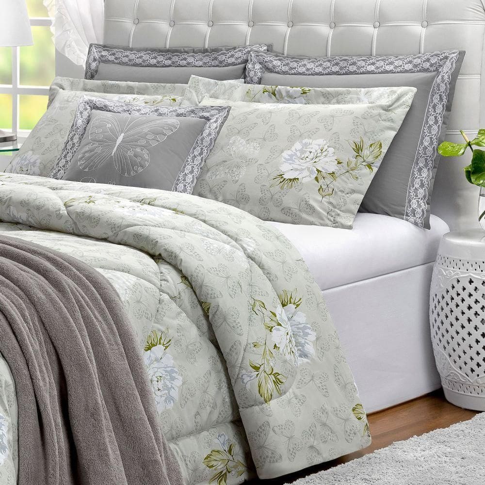 Kit Edredom Butterfly Queen Dupla Face 2,60X2,70M - 7 Peças