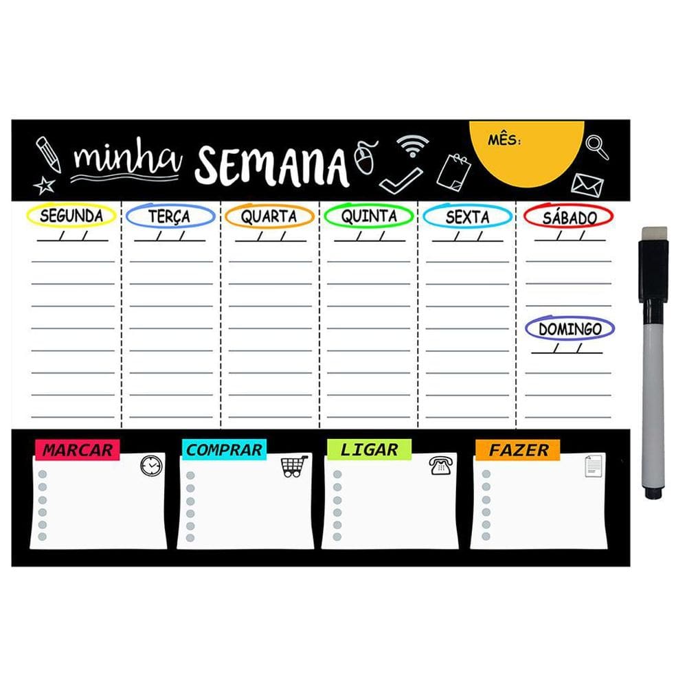 Planejador Semanal 20x26cm + Caneta - Resistente e Apagável