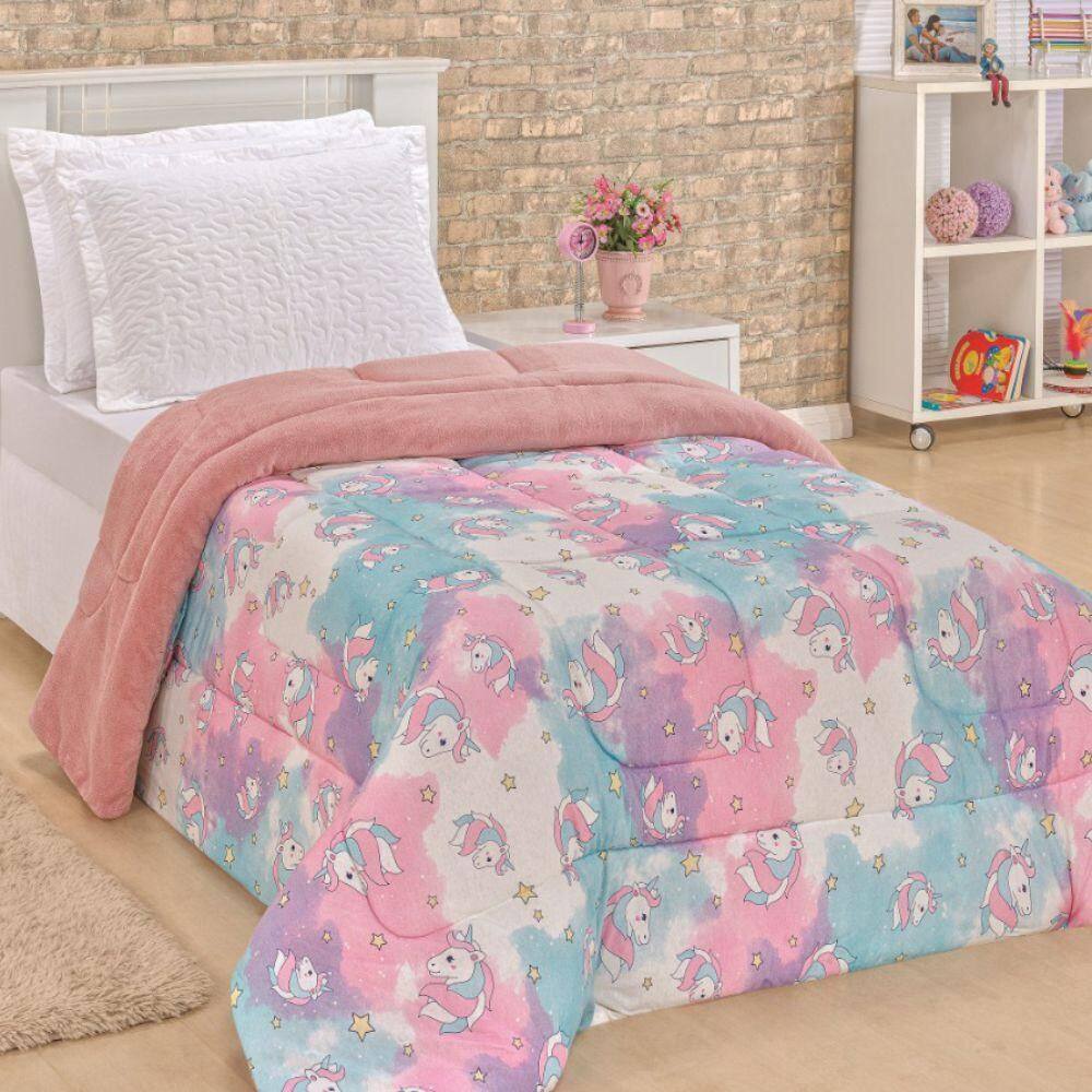 Coberdrom Solteiro Dupla Face Malha Manta Unicórnio Rosa