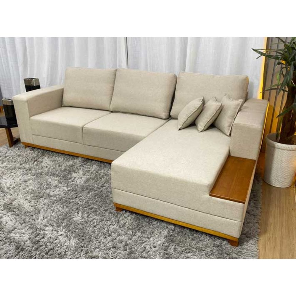 Sofá 3 Lugares 2,50 m Linho Bege Chaise Aline Plus