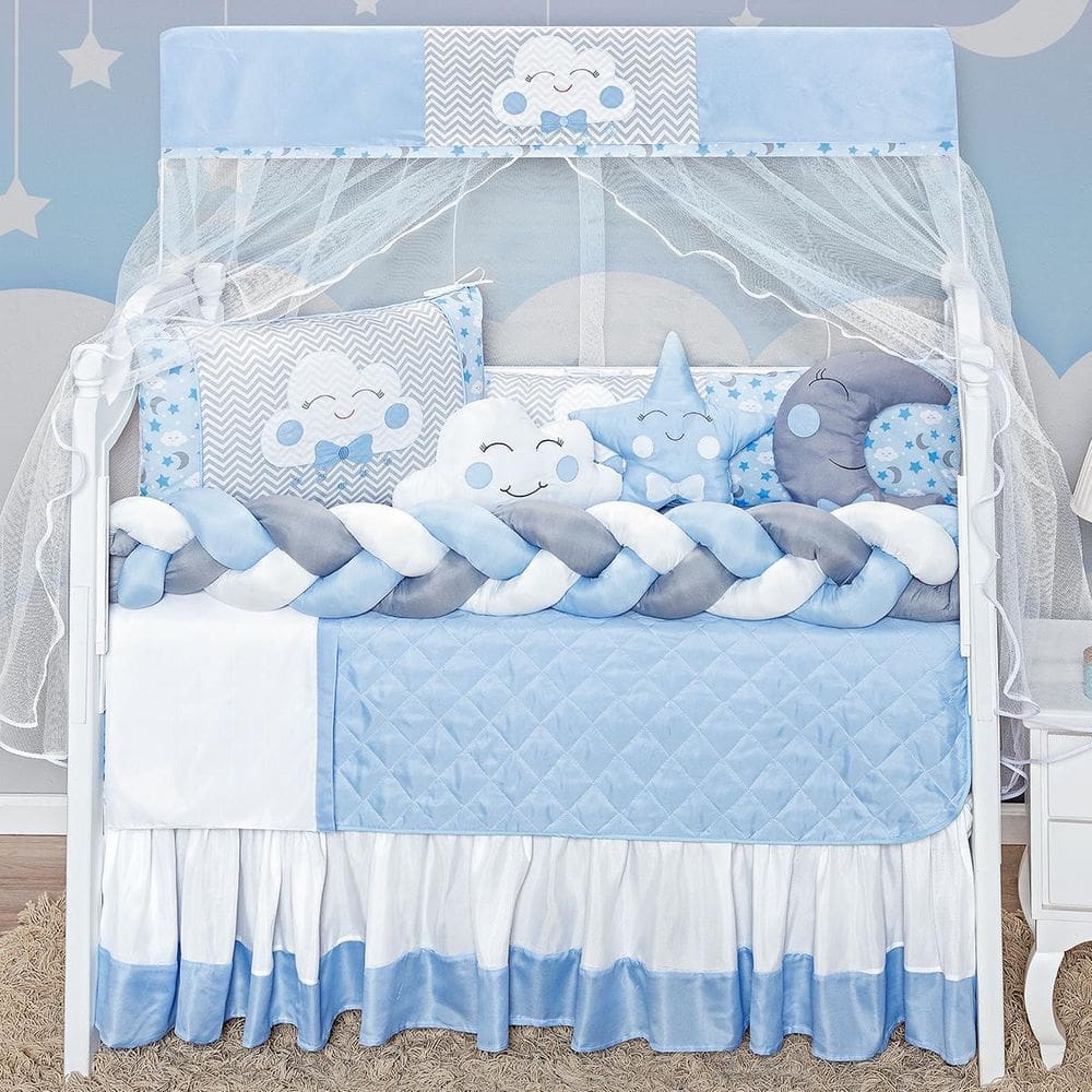 Kit Berço Nuvem Azul Menino 12 Peças Completo Saia Box