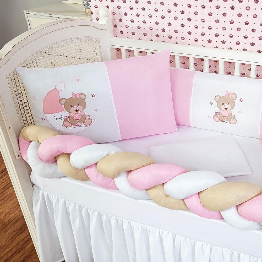 Kit Protetor Berço Padrão Americano Ursinha Lua Rosa 6 Pçs