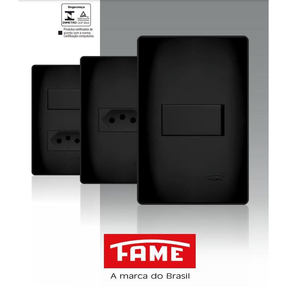 Tomada Tripla 2P+T 20A Fame Placa 4X2 Habitat Black Preto