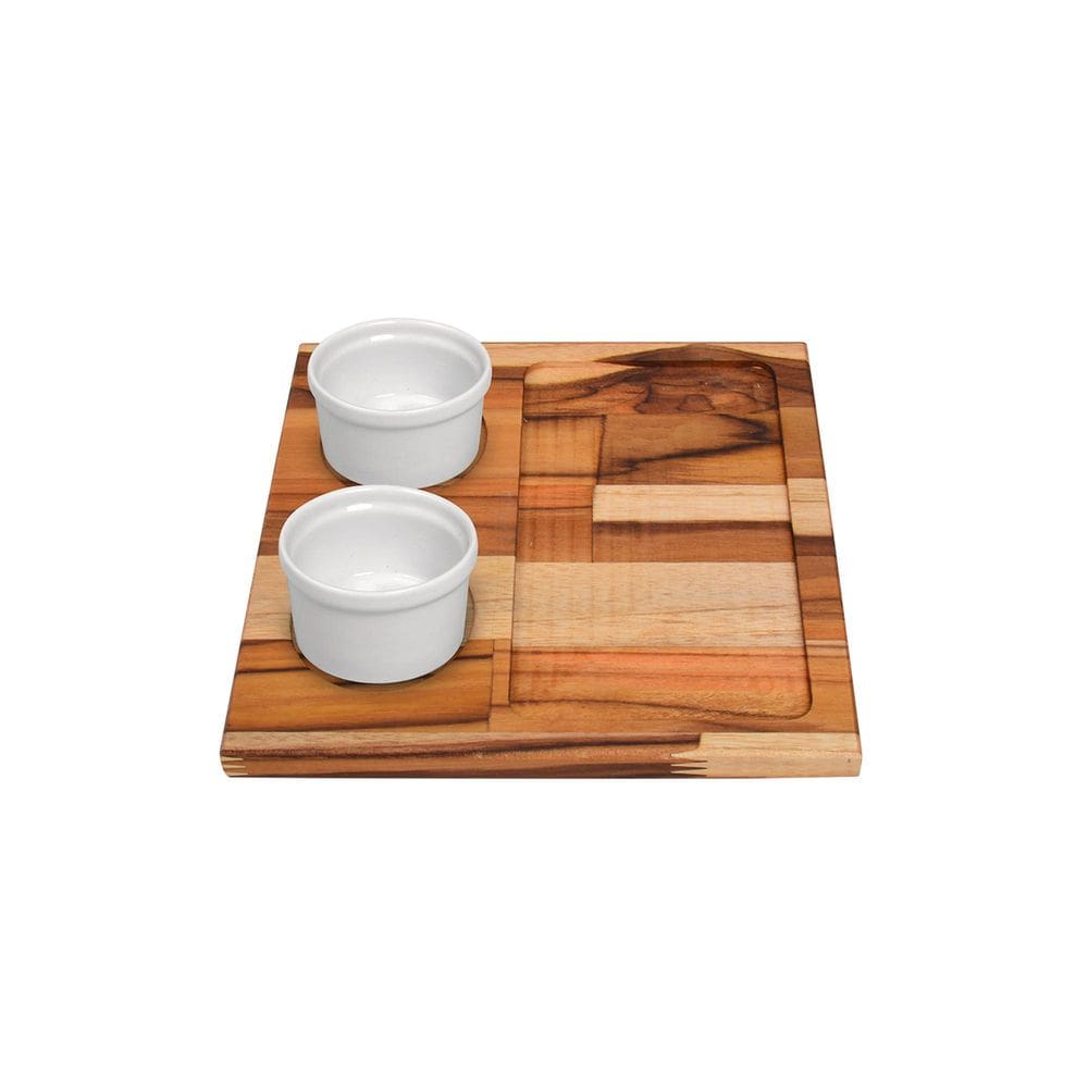 Tabua Quadrada Teca Com Potes Redondos 77Ml