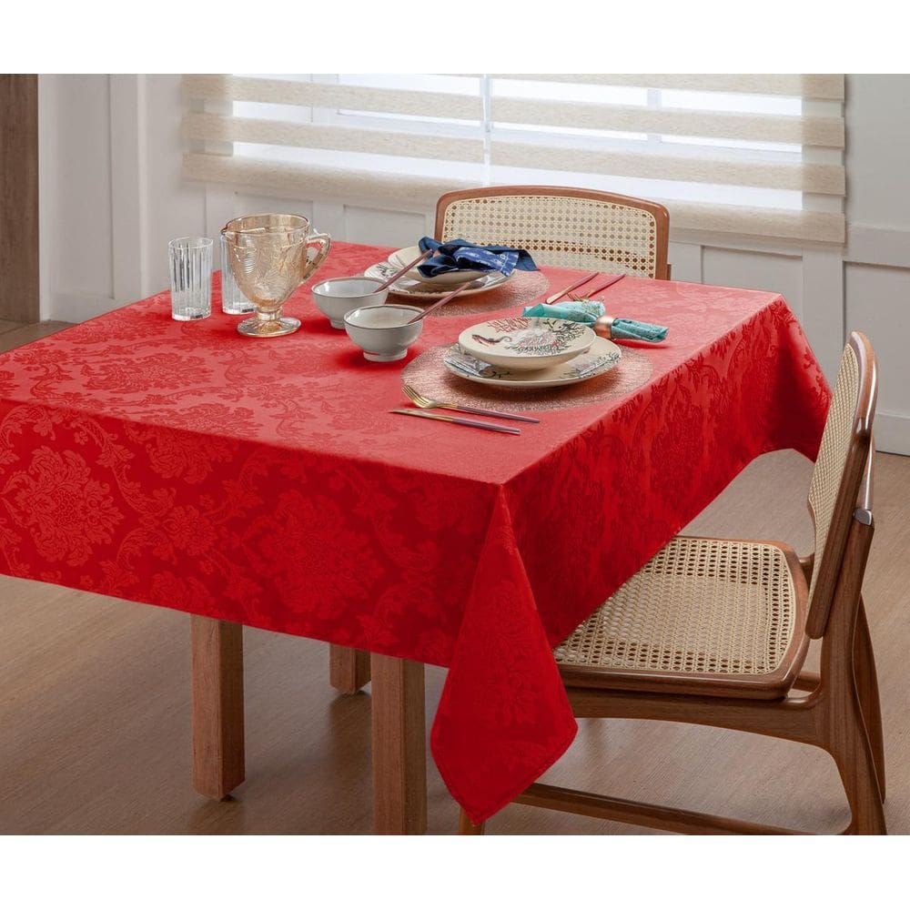 Toalha De Mesa De Jantar 4 Lugares 1,5m Vermelha Jacquard