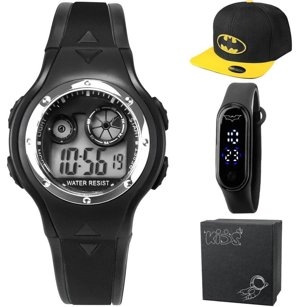 Relogio Digital Preta Infantil Batman Criança + Bone
