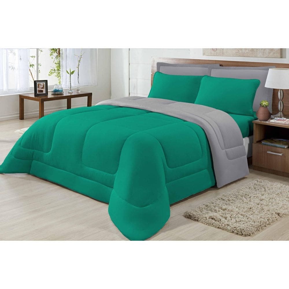 Edredom Casal Queen Dupla Face Antialérgica Cinza E Jade