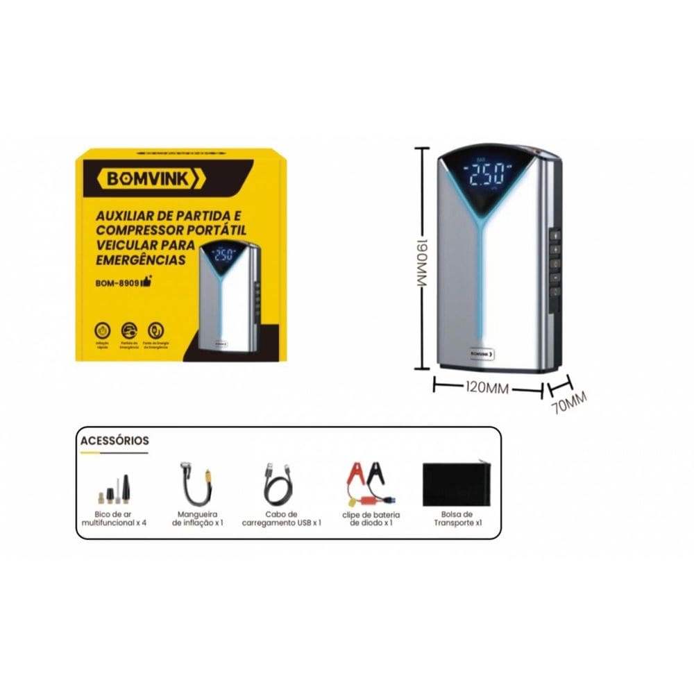 Auxiliar De Partida E Compressor Portatil Veicular 8909