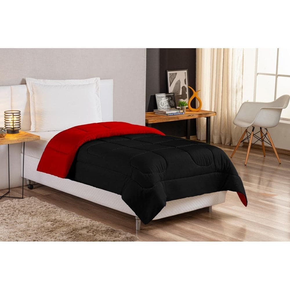 Edredom De Solteiro Dupla Face Em Microfibra Preto Vermelho