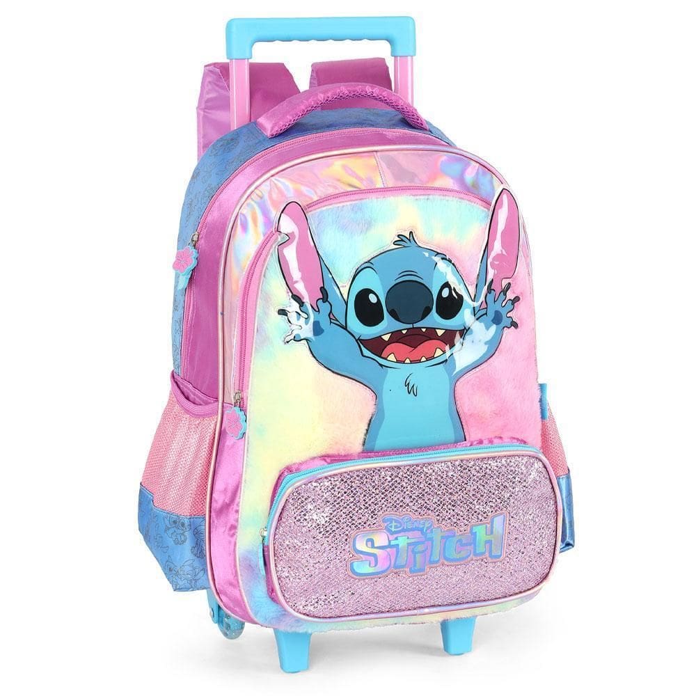 Mochila Rodinhas 18 Com Alça Stitch Fluffy Rosa Luxcel