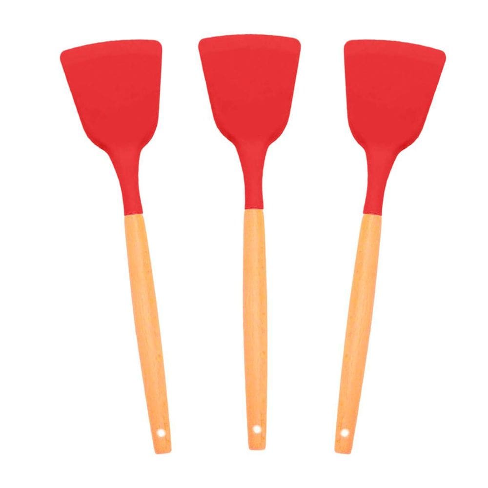 Kit 3 Espátulas Silicone Chapa 32Cm Cabo Madeira Vermelha -