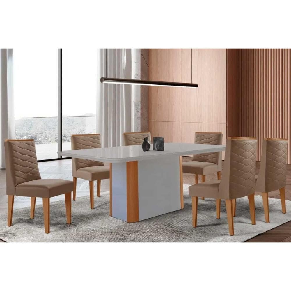 Conjunto Sala de Jantar Pietá c/ Tampo Madeirado c/ Vidro Canto Curvo 180x90cm e 6 Cadeiras Dafne Madeira Maciça Naturale/Off White - Capuccino/Suede