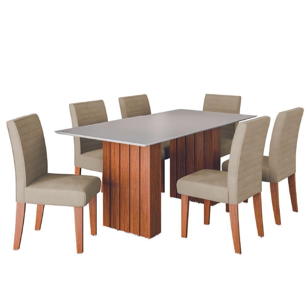 Conjunto De Mesa Sala De Jantar Ripada Santiago 1,80m 6 Cadeiras Creta Dobuê Madeirado / Bege