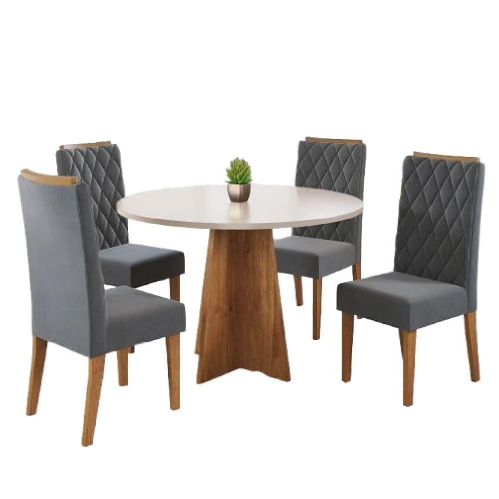 Conjunto De Mesa Sala De Jantar Redonda 0,90m 4 Cadeiras Fin Veludo Viero Off White / Cinza