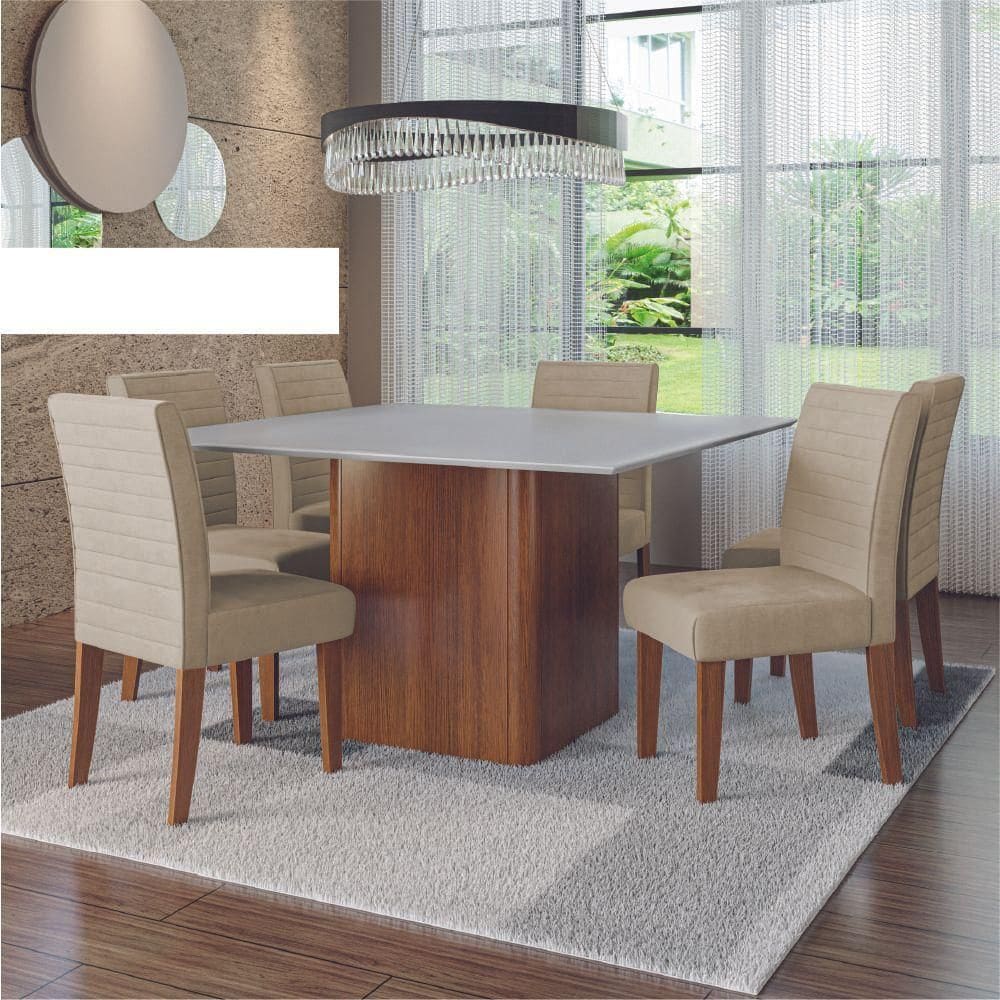 Conjunto Sala De Jantar Mesa Quadrada Montevideo 1,36m 6 Cadeiras Creta Dobuê Madeirado Bege