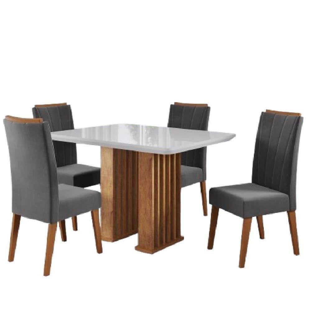 Conjunto De Mesa Sala De Jantar Ripado Tampo Com Vidro Mond 1,20m 4 Cadeiras Sofia Veludo Cinza
