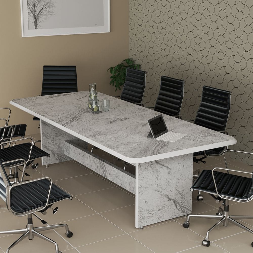 Mesa Para Sala De Reunião Escritório 8 Lugares Em MDF Com Tampo Marmorizado