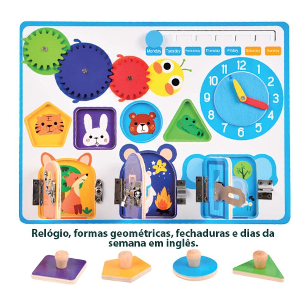 Brinquedo de Madeira Educaplay Tabuleiro Educativo Relógio e Formas