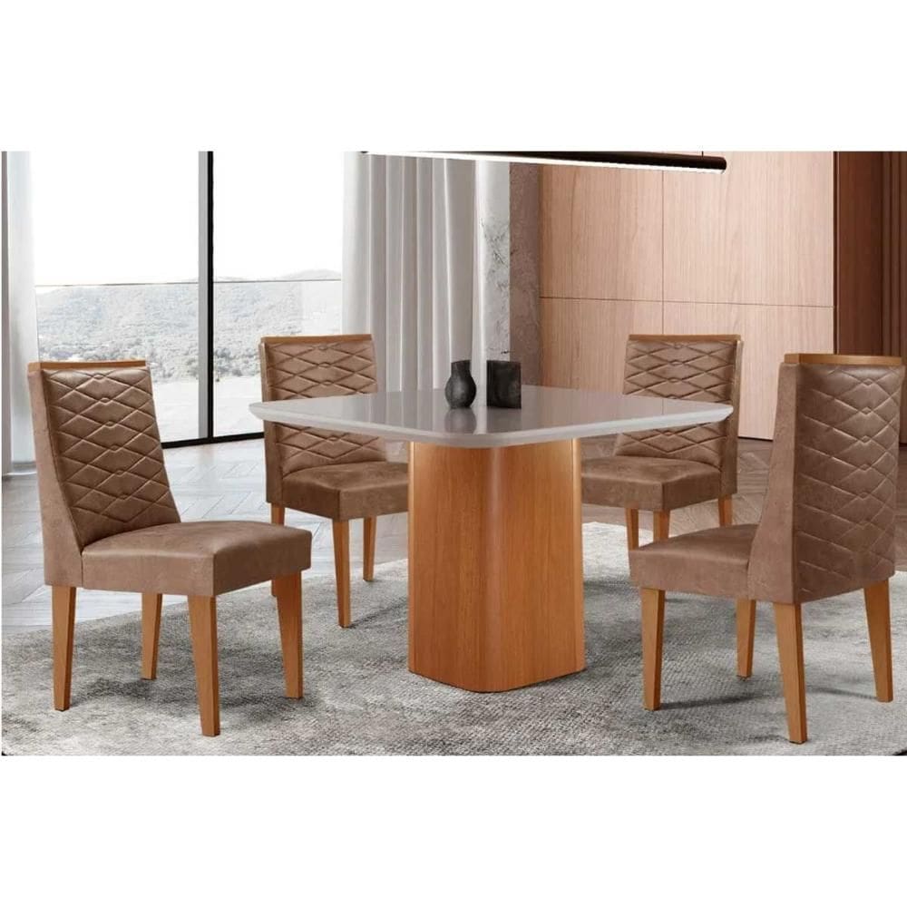 Sala de Jantar Completa Maldivas c/ Tampo Madeirado c/ Vidro Canto Curvo 90x90cm e 4 Cadeiras Dafne Naturale/Off White - Corano Capuccino - Rufato
