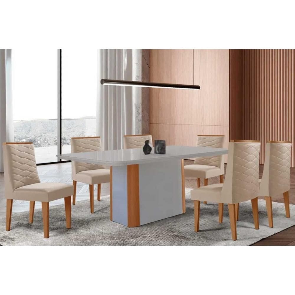 Conjunto Sala de Jantar Pietá c/ Tampo Madeirado c/ Vidro Canto Curvo 180x90cm e 6 Cadeiras Dafne Madeira Maciça Naturale/Off White - Capuccino/Suede