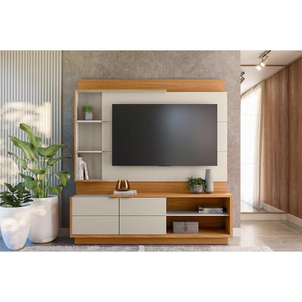 Home p/ TV até 60 Pol Atlanta c/ 2Potas 4Prateleiras e Pés 180x191cm Nature/Off White - Linea Brasil