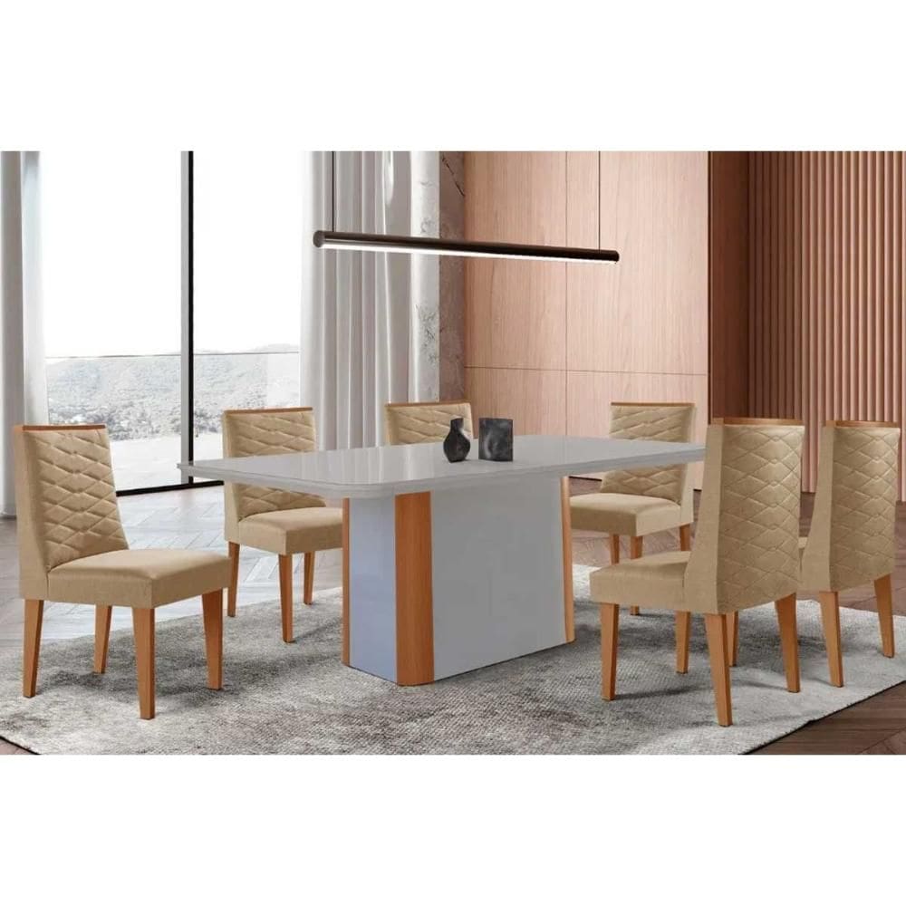 Conjunto Sala de Jantar Pietá c/ Tampo Madeirado c/ Vidro Canto Curvo 180x90cm e 6 Cadeiras Dafne Madeira Maciça Naturale/Off White - Capuccino/Linho