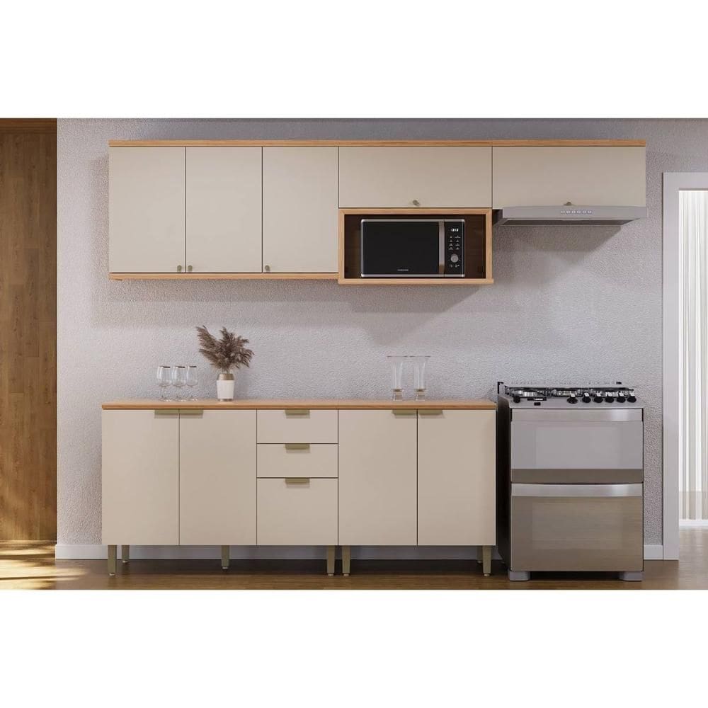 Cozinha Completa Selene 5 Peças (3Aéreos+2Balcões) CP17 Jequitiba/Off White Fosco - Linea Brasil