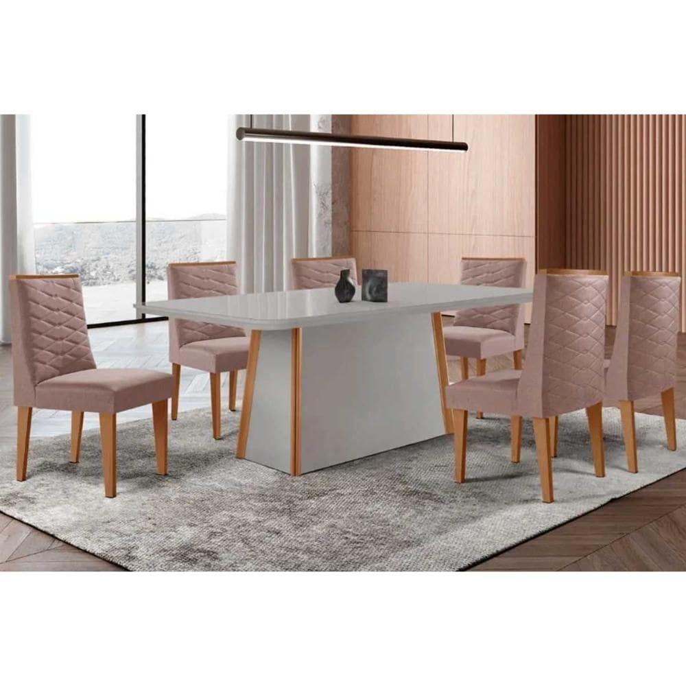 Conjunto Sala de Jantar Tilia c/ Tampo Madeirado c/ Vidro Canto Curvo 180x90cm e 6 Cadeiras Dafne Madeira Maciça Naturale/Off White - Capuccino/Linho