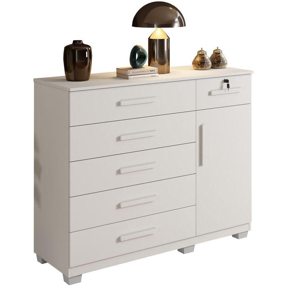 Cômoda Milano 6 Gavetas 1 Porta 1 Prateleira Com Sapateira Branco