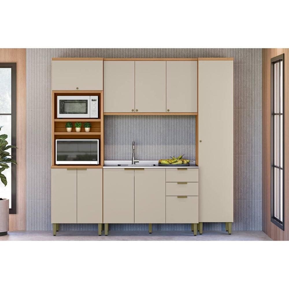 Cozinha Completa Selene 4 Peças (1Aéreo+1Balcão+1Paneleiro+1TorreQuente) CP10 Jequitiba/Off White Fosco - Linea Brasil