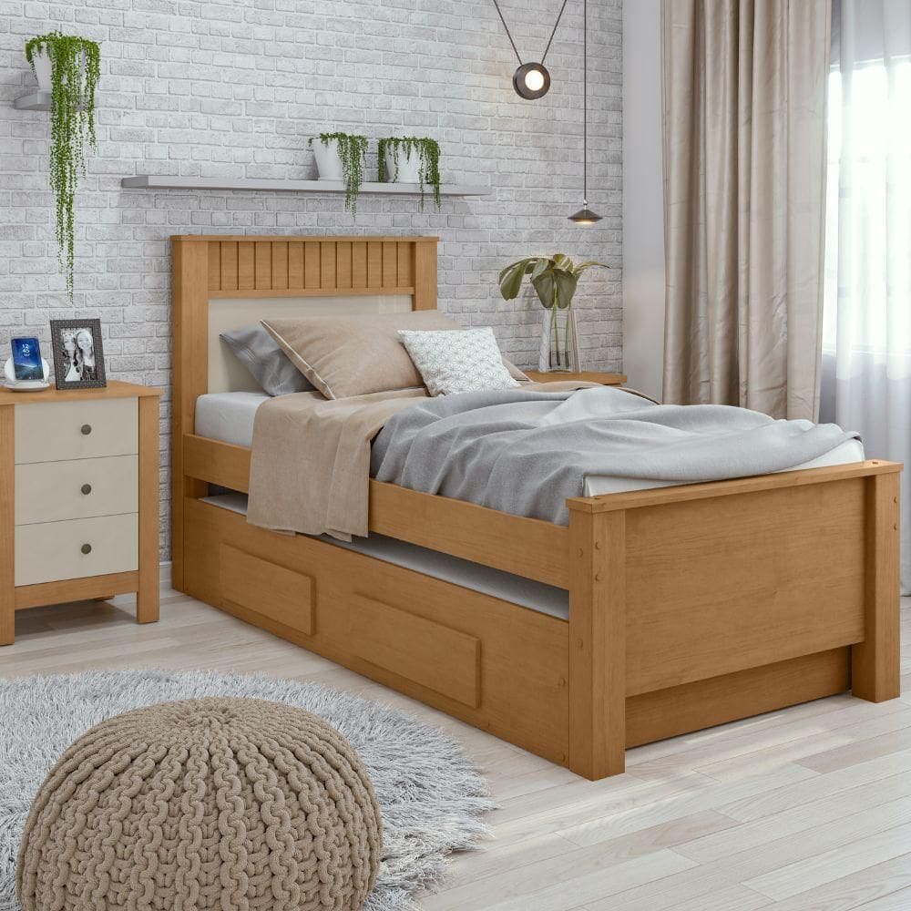 Cama Solteiro Com Auxiliar (98x206) Amêndoa/Off White Athenas Móveis Lopas