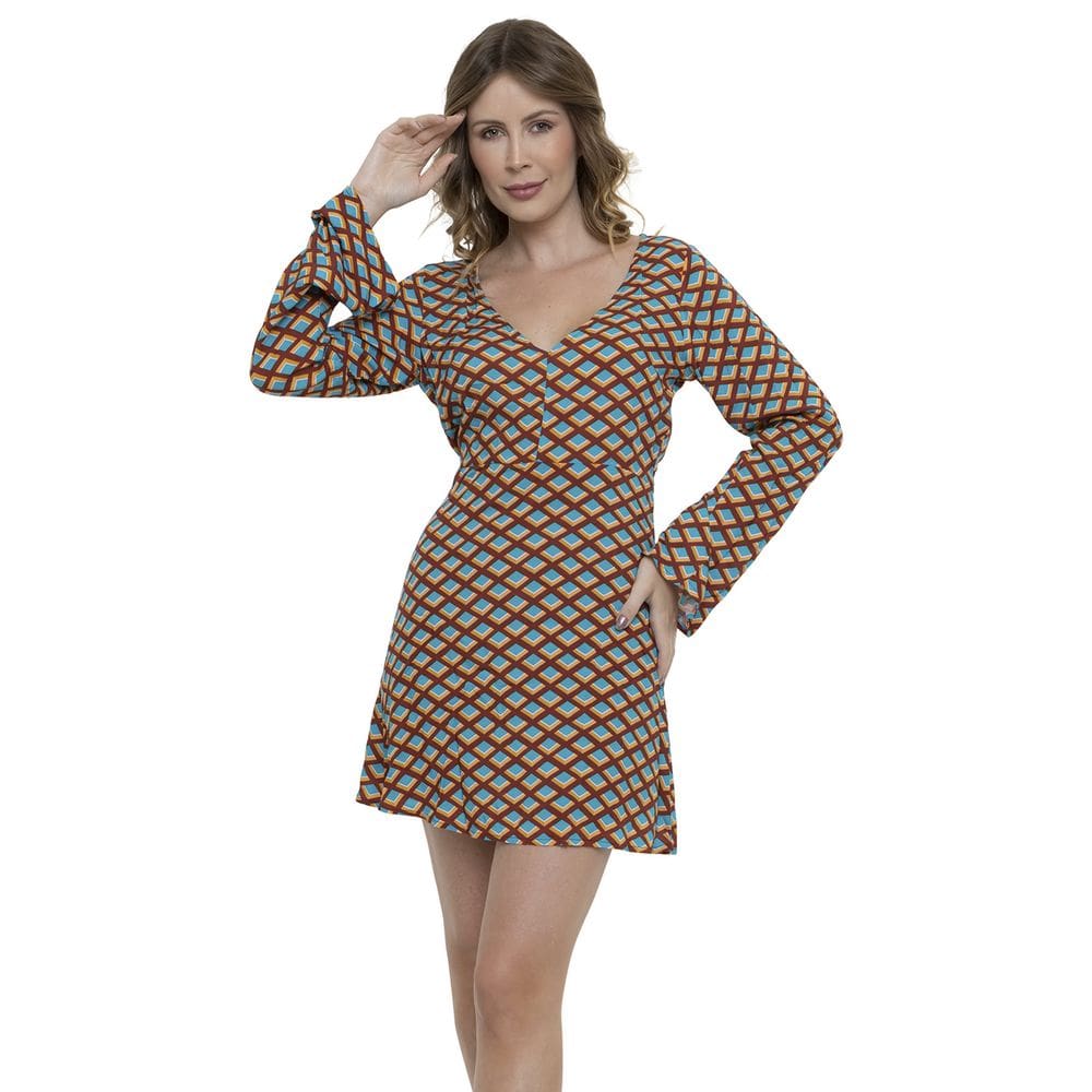 Vestido Curto Viscocrepe Manga Flare Botão Geométrico