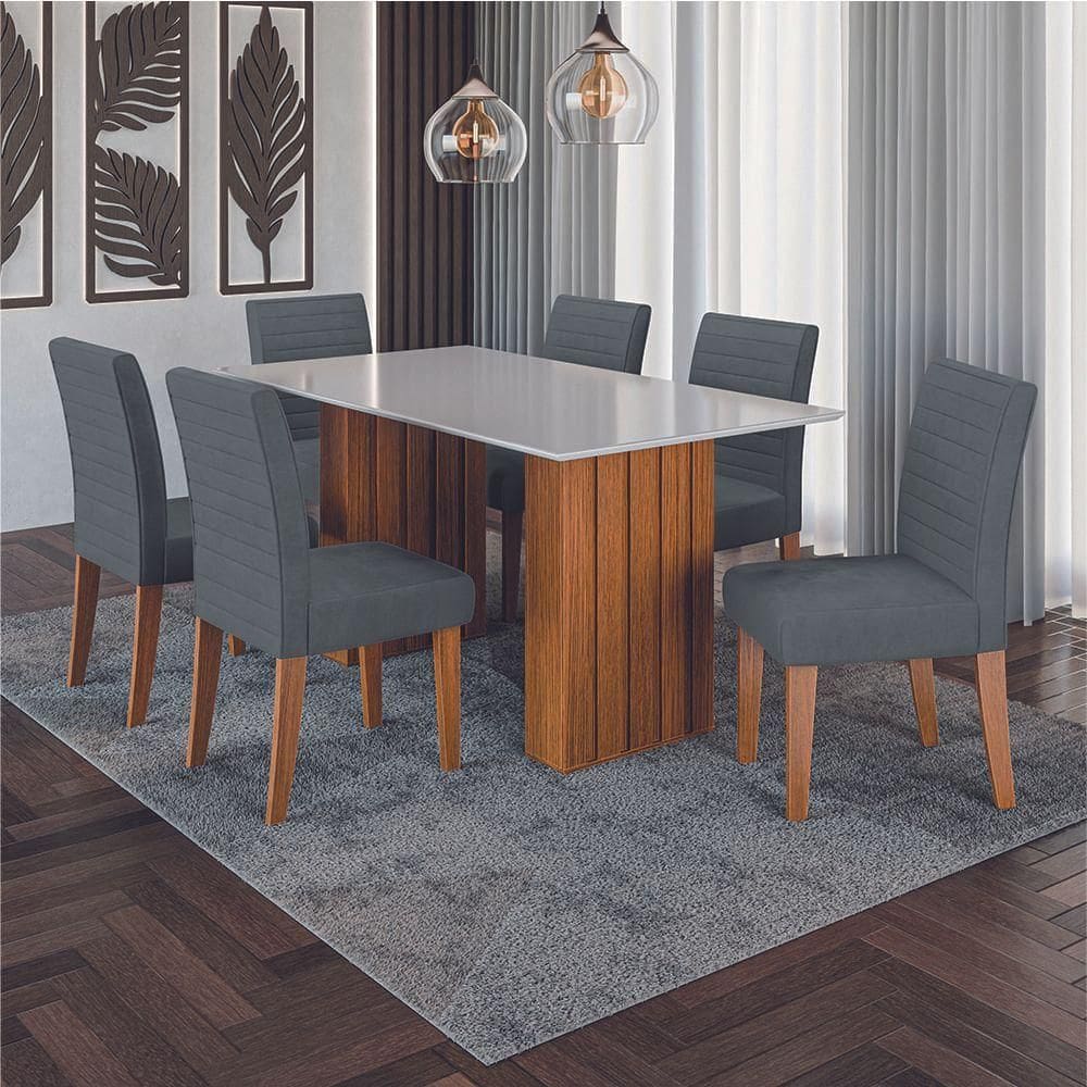 Conjunto De Mesa Sala De Jantar Ripada Tampo Com Vidro Santiago 1,60m 6 Cadeiras Creta Dobuê Cinza