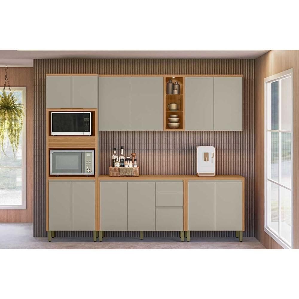 Cozinha Completa Allure 5 Peças (2Aéreos+2Balcões+1TorreQuente) CP08 Jequitiba/Gris Fosco - Linea Brasil