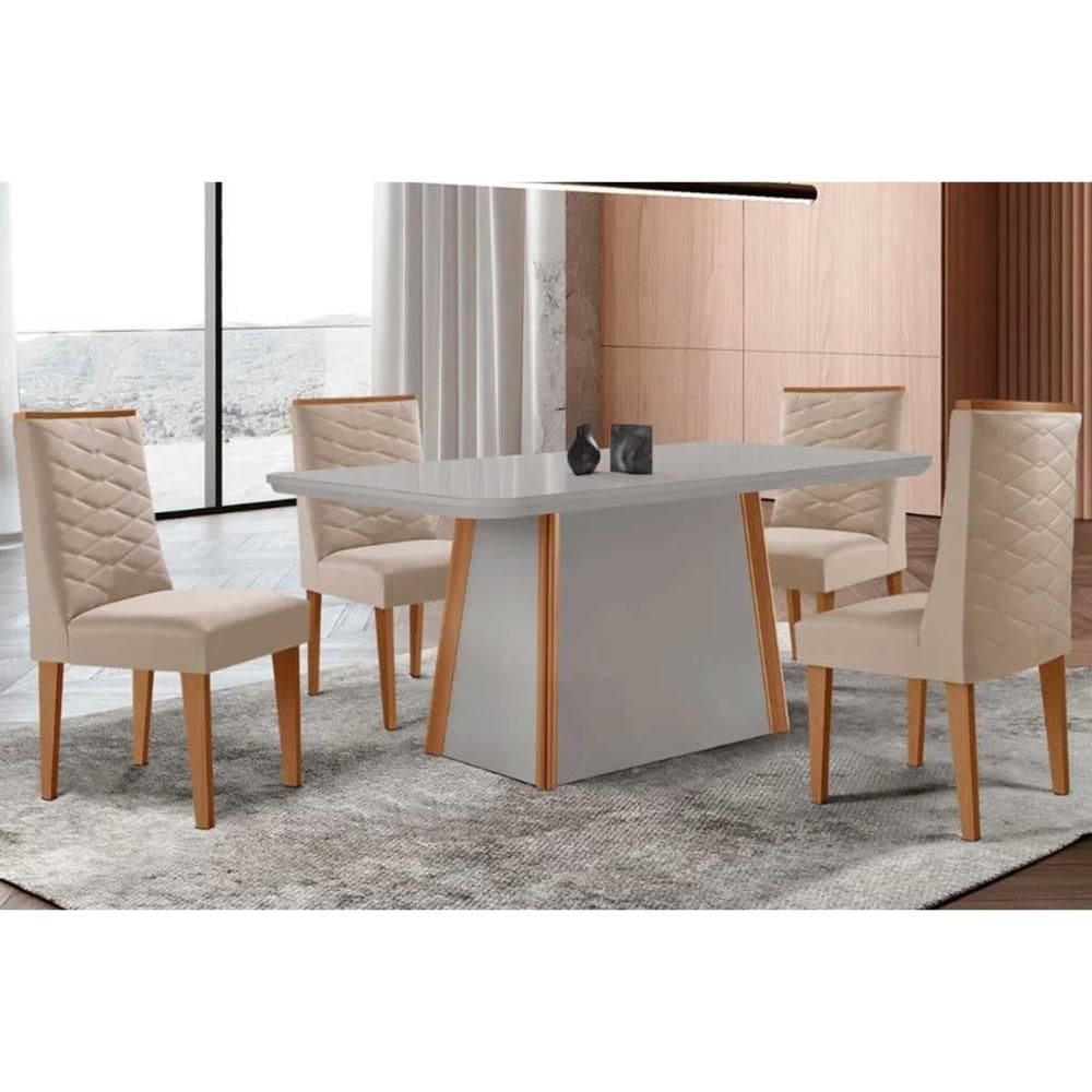 Conjunto Sala de Jantar Tilia c/ Tampo Madeirado c/ Vidro Canto Curvo 120x80cm e 4 Cadeiras Dafne Madeira Maciça Naturale/Off White - Capuccino/Suede